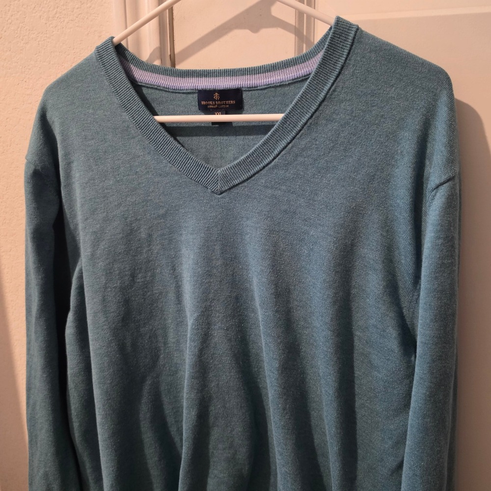 Brooks Brothers Mens XXL Supima Cotton V-Neck Sweater Teal Blue Long Sleeve